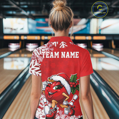 Custom Cute Funny Ladies Christmas Bowling Polo Shirts, Women Team Xmas Bowling Outfit IPHW10138