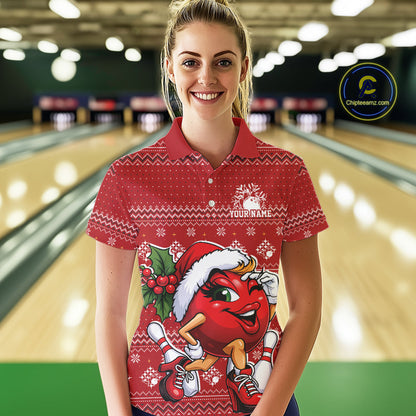 Custom Cute Funny Ladies Christmas Bowling Polo Shirts, Women Team Xmas Bowling Outfit IPHW10139