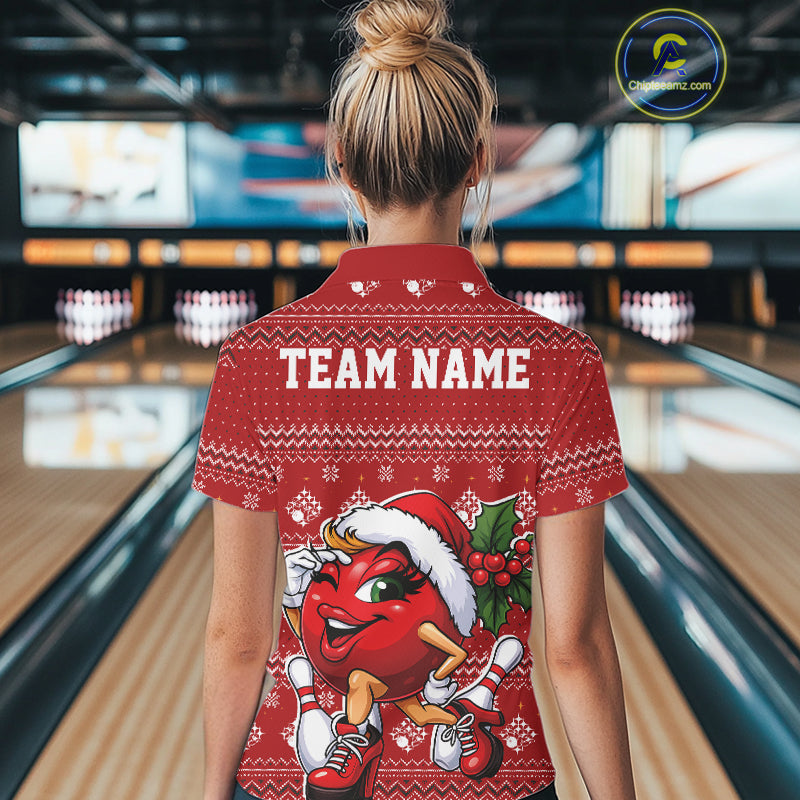 Custom Cute Funny Ladies Christmas Bowling Polo Shirts, Women Team Xmas Bowling Outfit IPHW10139