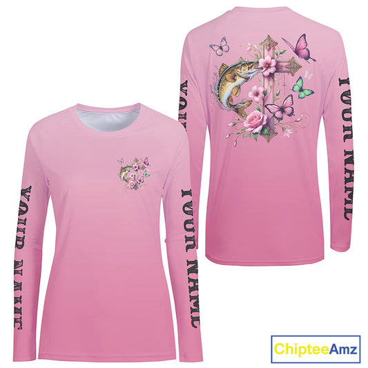 Pink Flower And Butterflies Custom Faith Walleye Long Sleeve Fishing Shirts For Women IPHW8183
