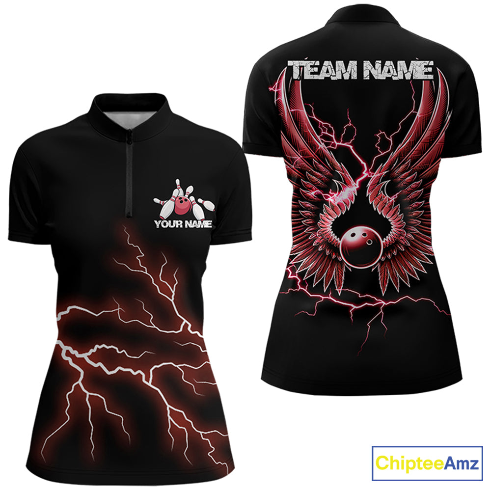 Red Thunder Lightning Bowling Wings Custom Bowling Team Quarter-Zip Shirts For Women IPHW8394