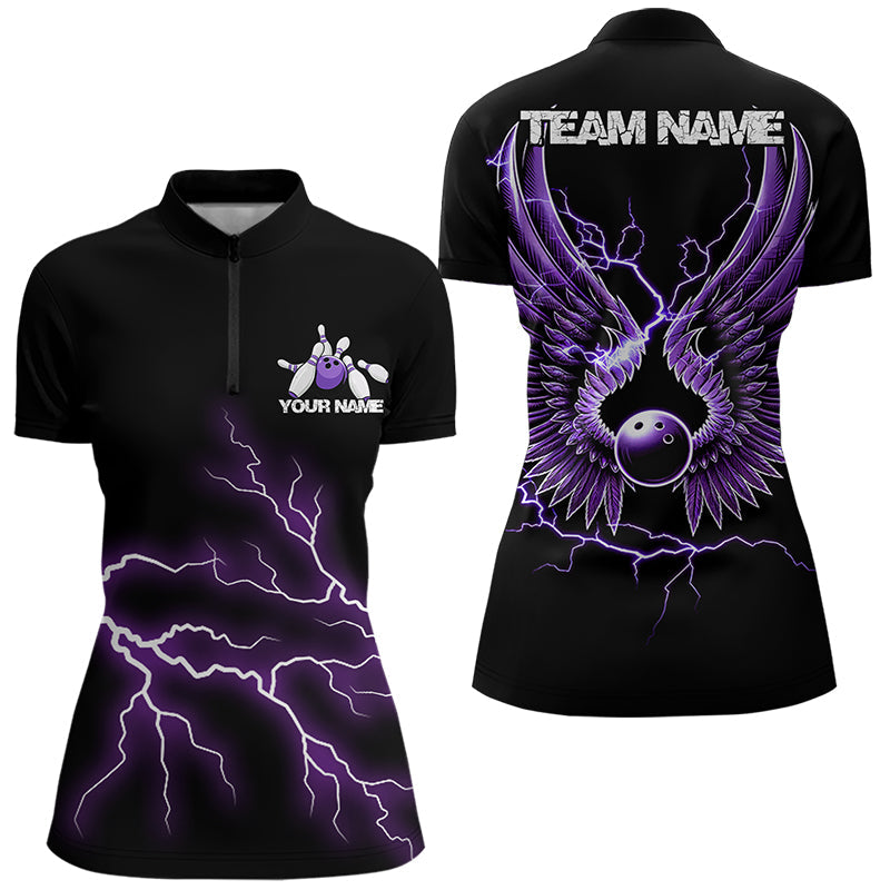 Purple Thunder Lightning Bowling Wings Custom Bowling Team Quarter-Zip Shirts For Women IPHW8395