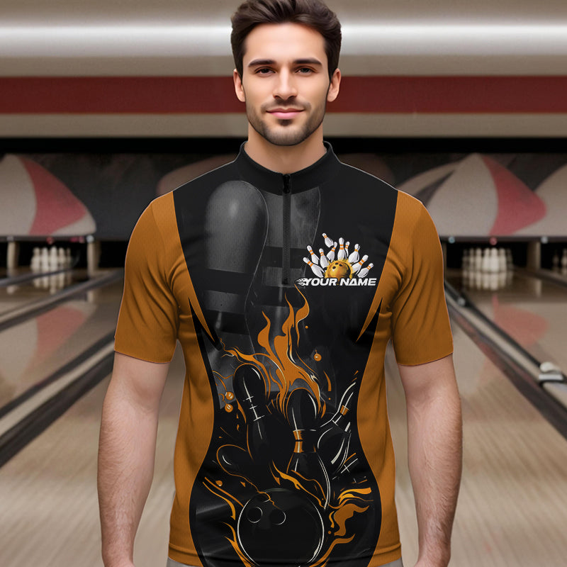 Custom Black And Yellow Flame Bowling Quarter-Zip Shirts For Men, Fire Bowling League Shirt IPHW8621