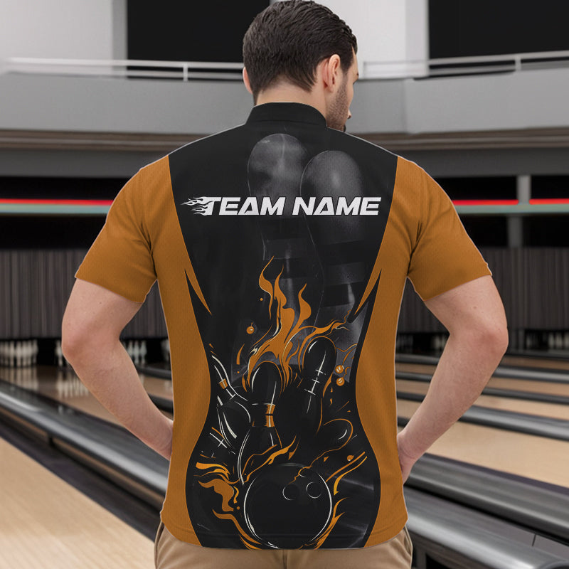 Custom Black And Yellow Flame Bowling Quarter-Zip Shirts For Men, Fire Bowling League Shirt IPHW8621