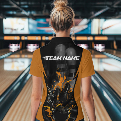 Custom Black And Yellow Flame Bowling Womens Quarter-Zip Shirt, Fire Bowling League Shirt IPHW8621