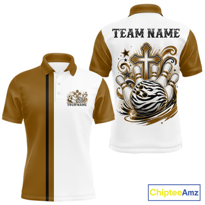 Custom brown and white zebra print faith cross bowling league shirt for teams