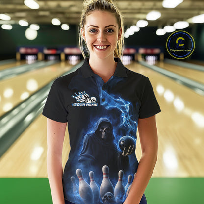 Custom Blue Flame Grim Reaper Bowling Women Polo Shirts, Skull Halloween Bowler Outfit IPHW9734