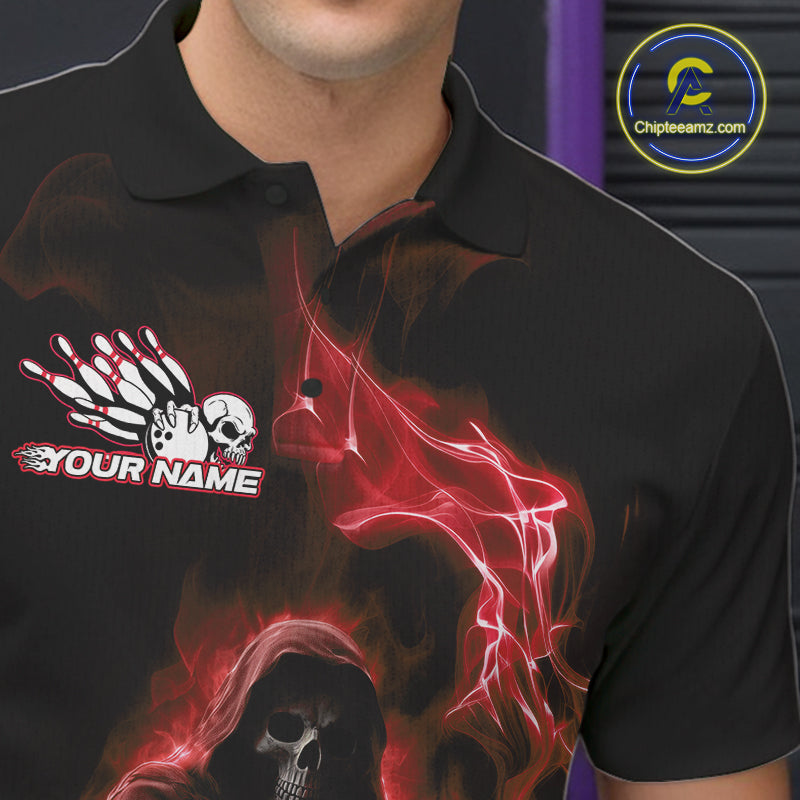 Custom Red Flame Grim Reaper Bowling Men Polo Shirts, Skull Halloween Bowler Outfit IPHW9735
