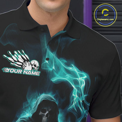 Custom Turquoise Blue Flame Grim Reaper Bowling Men Polo Shirts, Halloween Bowler Outfit IPHW9736