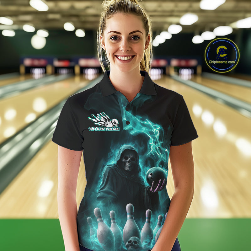 Custom Turquoise Blue Flame Grim Reaper Bowling Women Polo Shirt, Halloween Bowler Outfit IPHW9736