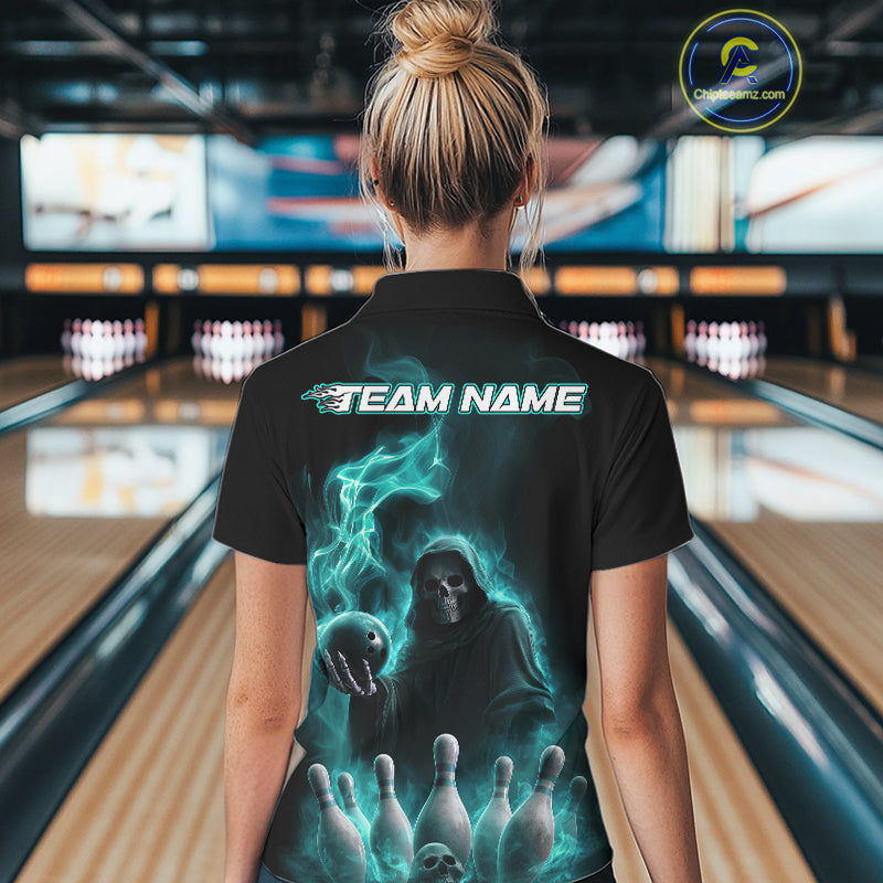 Custom Turquoise Blue Flame Grim Reaper Bowling Women Polo Shirt, Halloween Bowler Outfit IPHW9736