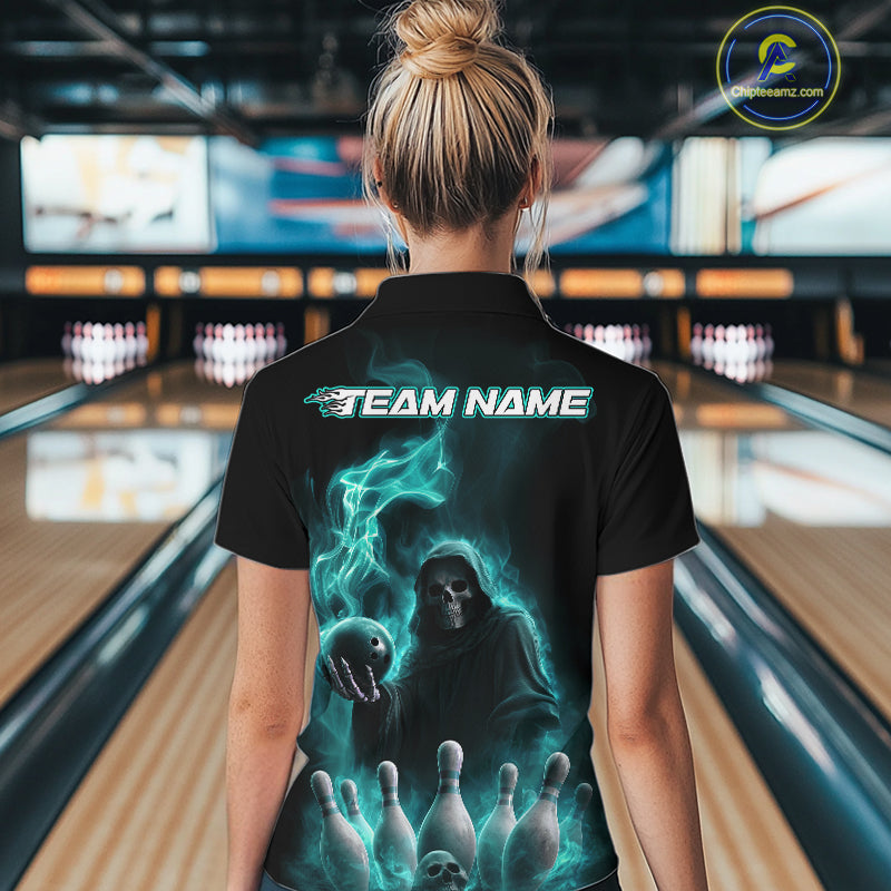Custom Turquoise Blue Flame Grim Reaper Bowling Women Quarter-Zip Shirt, Halloween Outfit IPHW9736