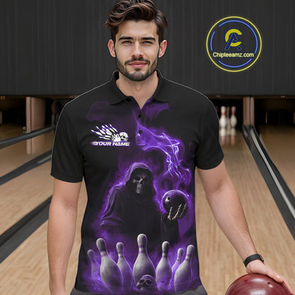 Custom Purple Flame Grim Reaper Bowling Men Polo Shirts, Halloween Bowler Outfit IPHW9737