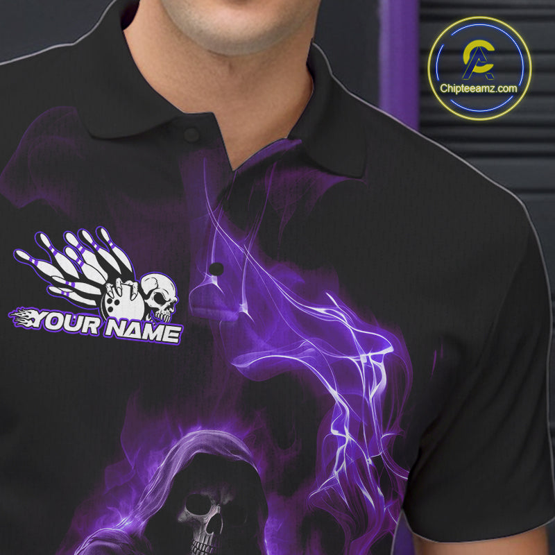 Custom Purple Flame Grim Reaper Bowling Men Polo Shirts, Halloween Bowler Outfit IPHW9737