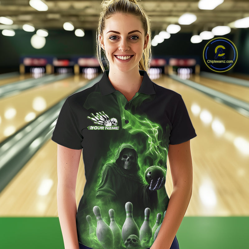 Custom Green Flame Grim Reaper Bowling Women Polo Shirts, Halloween Bowler Outfit IPHW9738
