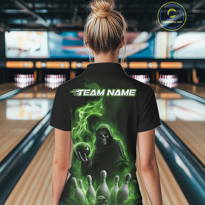 Custom Green Flame Grim Reaper Bowling Women Polo Shirts, Halloween Bowler Outfit IPHW9738
