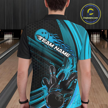 Custom Black And Blue Flame Bowling Jerseys, Bowling Team Polo Shirts For Men IPHW9885