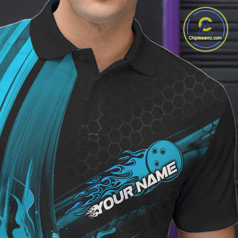 Custom Black And Blue Flame Bowling Jerseys, Bowling Team Polo Shirts For Men IPHW9885