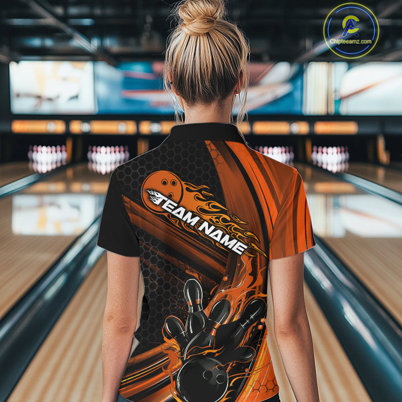 Custom Black And Orange Flame Bowling Jerseys, Bowling Team Quarter-Zip Shirts For Women IPHW9887