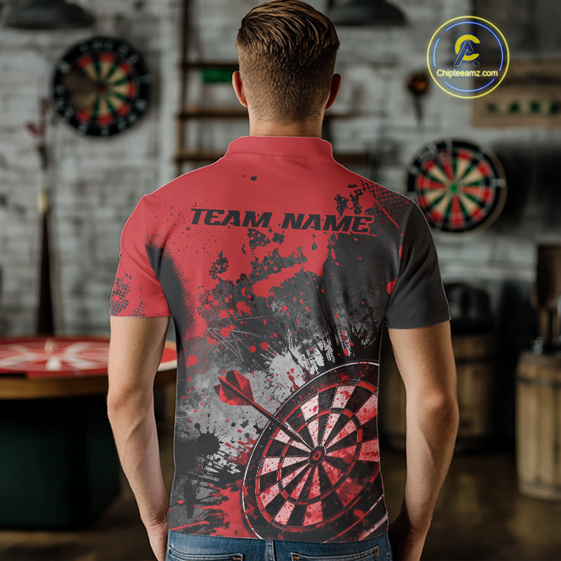 Custom Black And Red Splatter Dart Men Polo Shirt, Grunge Style Dart Team Jerseys IPHW10053