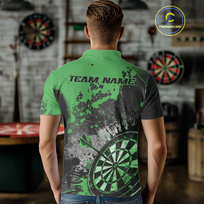 Custom Black And Green Splatter Dart Men Polo Shirt, Grunge Style Dart Team Jerseys IPHW10054
