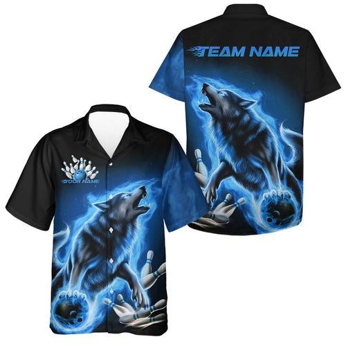 Custom Blue Fire Flaming Wolf Bowling Hawaiian Shirts For Men And Women, Wolf Bowling Tournament Shirt IPHW8429