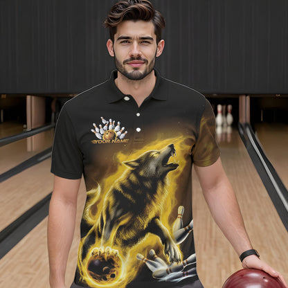Custom Yellow Fire Flaming Wolf Bowling Polo Shirts For Men, Wolf Bowling Tournament Shirt IPHW8430
