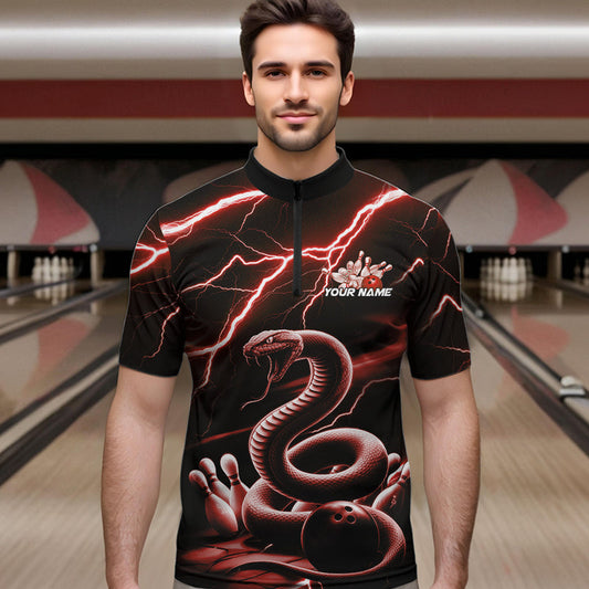 Custom Black And Red Thunder Lightning Snake Bowling Quarter-Zip Shirts For Men, Team Outfits IPHW8649