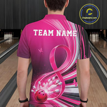 Load image into Gallery viewer, Back view of a male model in a pink bowling polo with breast cancer awareness ribbon artwork and bowling graphics