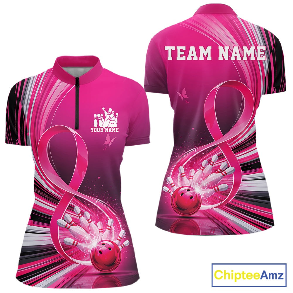 Front and back mockup of a womens pink bowling quarter zip featuring breast cancer awareness ribbon artwork and bowling graphics