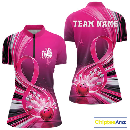 Front and back mockup of a womens pink bowling quarter zip featuring breast cancer awareness ribbon artwork and bowling graphics
