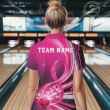 Load image into Gallery viewer, Back view of a female model wearing a pink bowling quarter zip with breast cancer awareness ribbons and bowling graphics