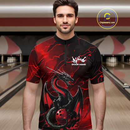 Custom Red Lightning Dragon Bowling Quarter-Zip Shirt For Men, Dragon Bowling Team Jersey IPHW9901