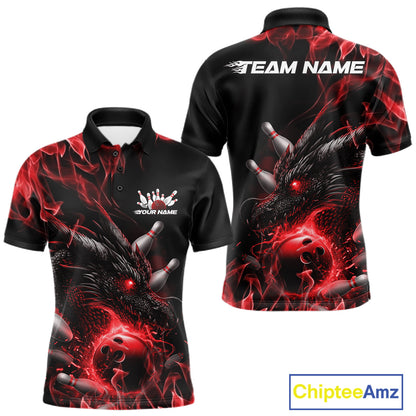 Custom Black And Red Flame Dragon Bowling Men Polo Shirt, Dragon Bowling League Shirt IPHW10272