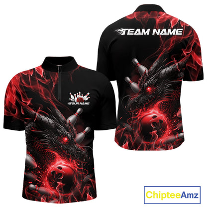 Custom Black And Red Flame Dragon Bowling Men Quarter-Zip Shirt, Dragon Bowling League Shirt IPHW10272