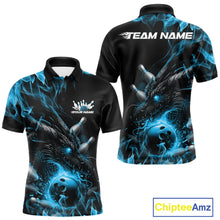 Load image into Gallery viewer, Custom Black And Blue Flame Dragon Bowling Men Polo Shirt, Dragon Bowling League Shirt IPHW10273