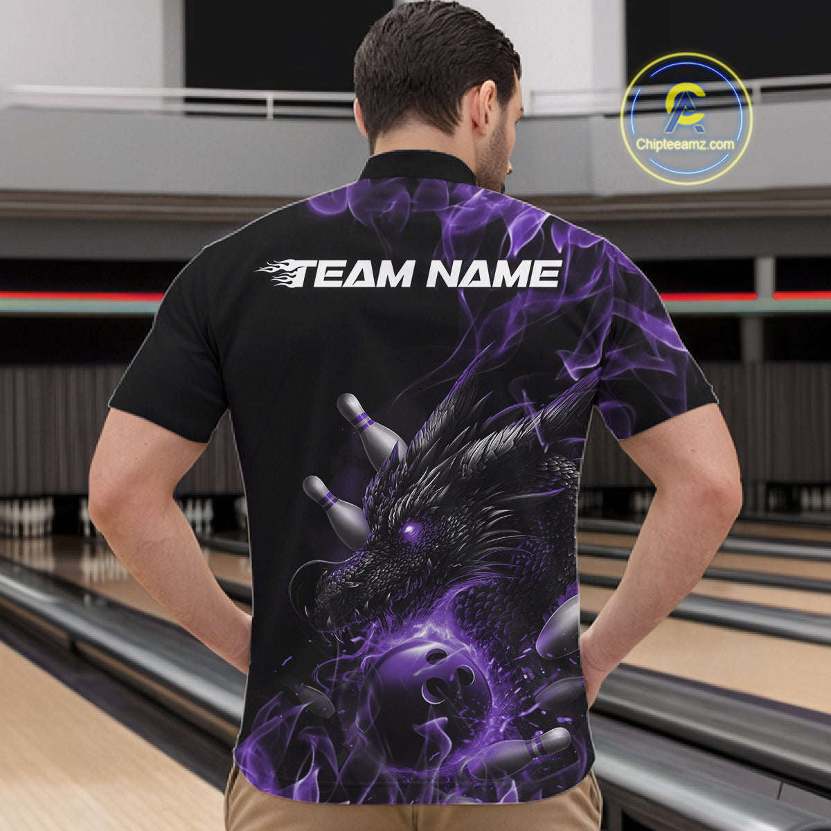 Custom Black And Purple Flame Dragon Bowling Men Quarter-Zip Shirt, Dragon Bowling League Shirt IPHW10276
