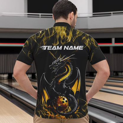 Custom Black And Gold Flame Dragon Bowling Team Quarter-Zip Shirts For Men, Bowling League Shirt IPHW8653