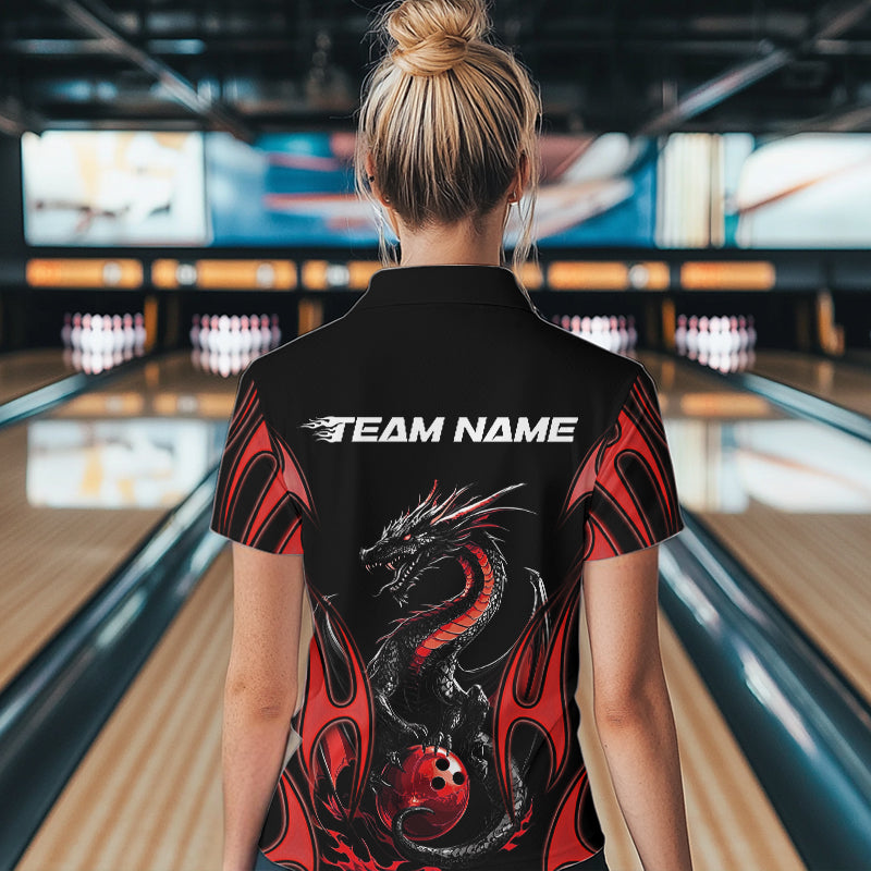 Custom Black And Red Flame Dragon Bowling Tournament Womens Quarter-Zip Shirts IPHW8656
