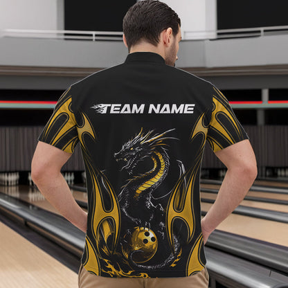 Custom Black And Gold Flame Dragon Bowling Tournament Quarter-Zip Shirts For Men, Bowlers Outfits IPHW8658