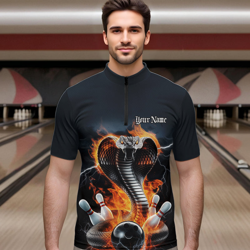 Custom Flame Cobra Snake Bowling Team Quarter-Zip Shirts For Men, Bowling Tournament Outfit IPHW8668