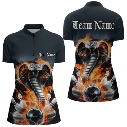 Custom Flame Cobra Snake Bowling Team Womens Quarter-Zip Shirts, Bowling Tournament Outfit IPHW8668