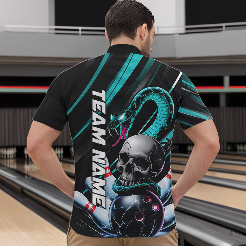 Custom Black And Blue Snake Skull Bowling Quarter-Zip Shirts For Men, Bowling Team Shirt IPHW8669
