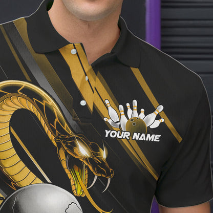 Custom Black And Yellow Snake Skull Bowling Polo Shirts For Men, Bowling Team Shirt IPHW8671