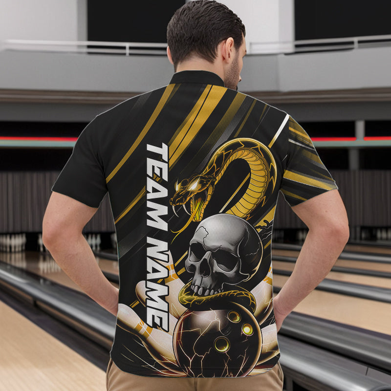 Custom Black And Yellow Snake Skull Bowling Quarter-Zip Shirts For Men, Bowling Team Shirt IPHW8671