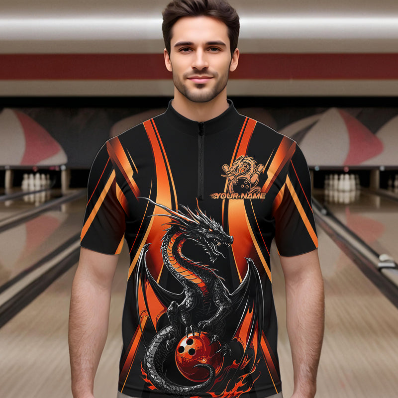 Custom Orange Dragon Bowling Jerseys, Dragon Bowling Men Quarter-Zip Shirts Bowling League Shirt IPHW8929
