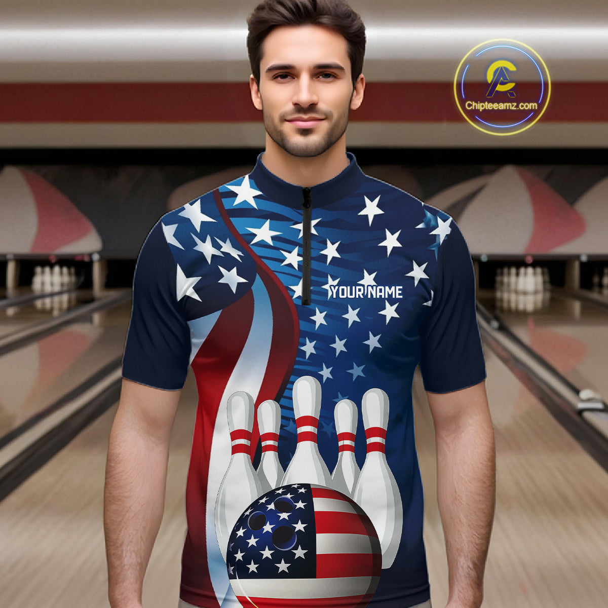 American Flag Custom Patriotic Bowling Shirts For Men, Team Bowling League Shirts Uniform IPHW7555