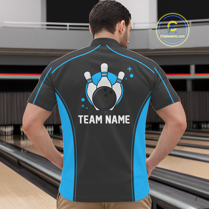 Custom Black And Ball Blue Classic Bowling Team Quarter-Zip Shirt For Men, Bowling League Shirt IPHW9911
