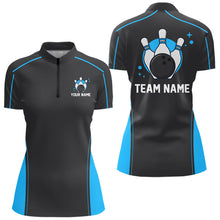 Load image into Gallery viewer, Custom Black And Ball Blue Classic Bowling Women Quarter-Zip Shirt, Bowling League Shirt IPHW9911