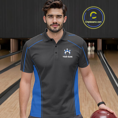 Custom Black And Mid Blue Classic Bowling Team Polo Shirt For Men, Bowling League Shirt IPHW9912